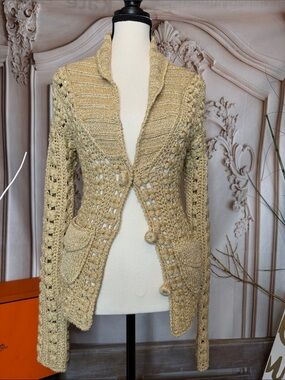 BLUMARINE- Beige Crochet Knit Button-Front Jacket